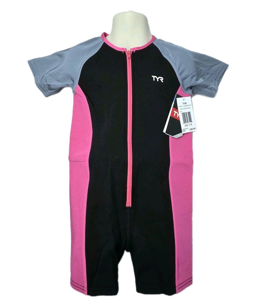 TYR Solid Thermal Neoprene Zip Swim Suit Black Pink Grey KGTSNY2 Girls Size 7/8